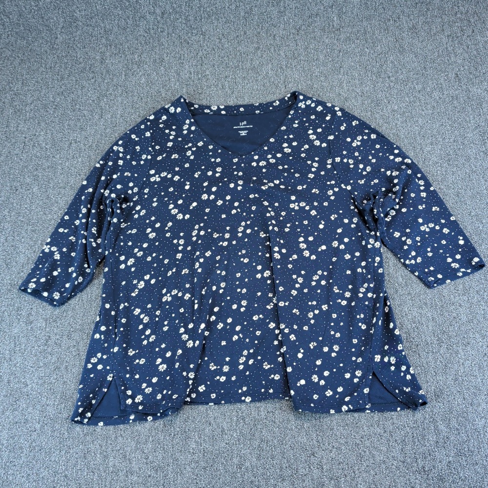 J. Jill Classic Floral V-Neck Top Women 2X Navy Blue 100% Pima Cotton 3/4 Sleeve — photo 2